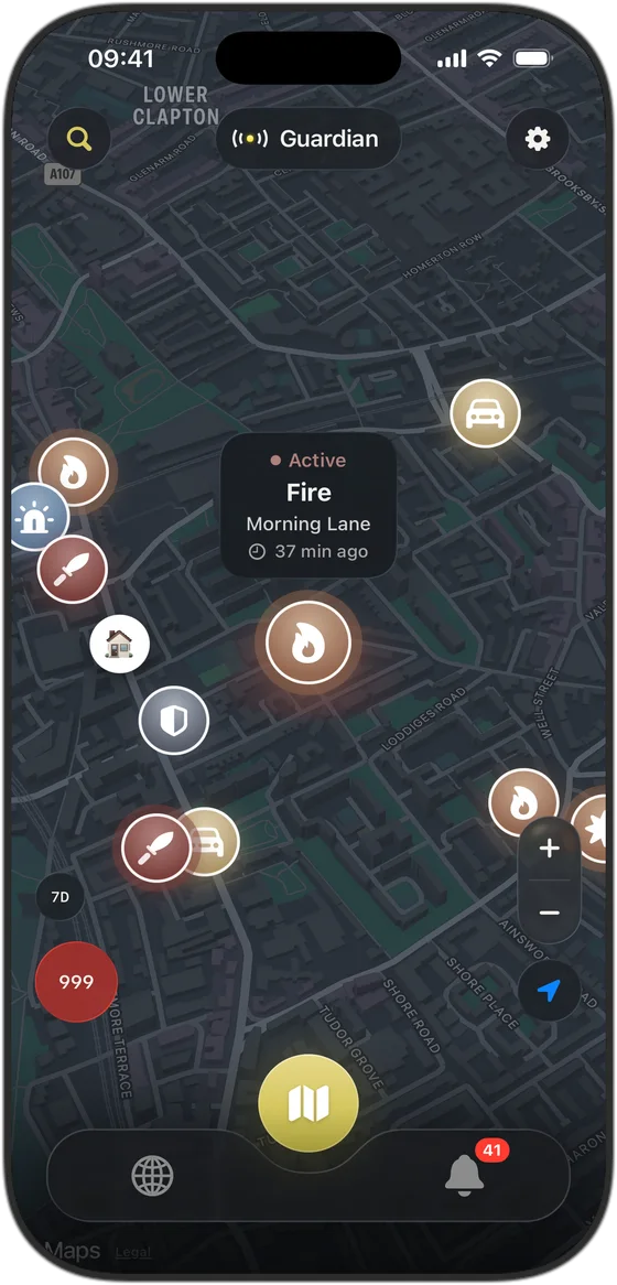 The Guardian map with incidents around a saved place