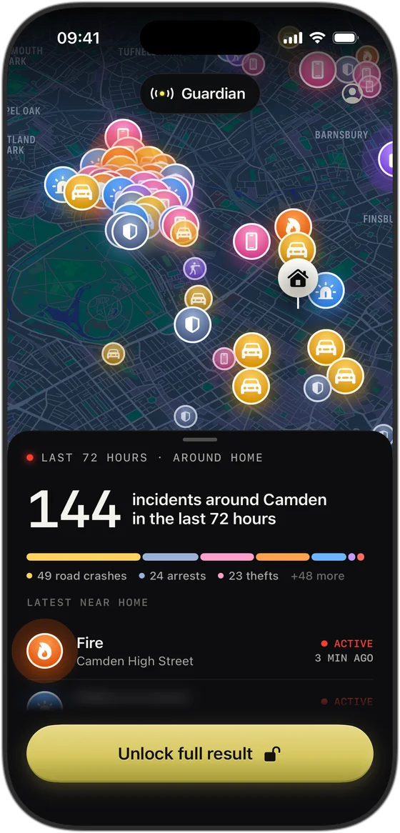 Guardian scanning the area around an address: incidents on a map and a count for the last 7 days